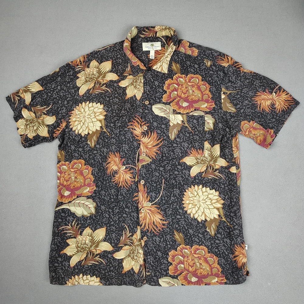 Island Shores 100% Silk Hawaiian Shirt XXL XL 25x32 Black Floral Loop Collar EC